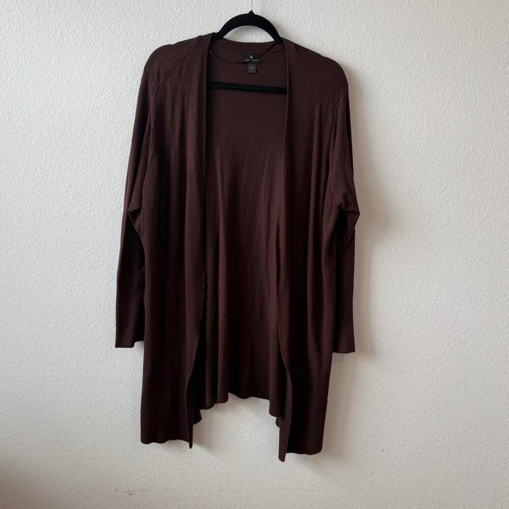 Long brown open front cardigan